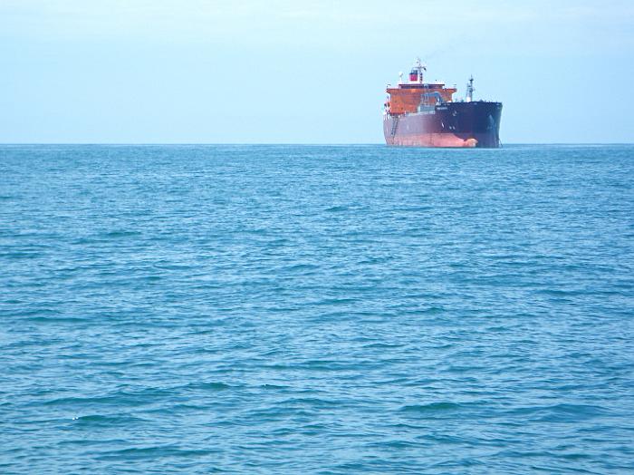 Grote schepen geankerd voor de monding van de Loire
